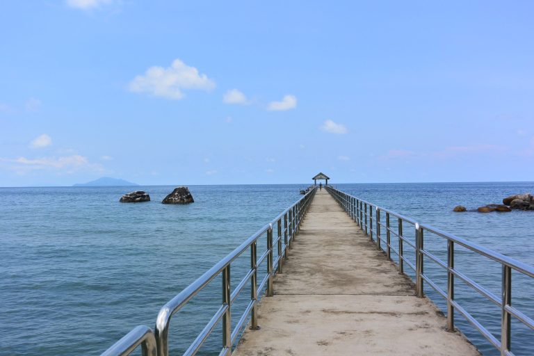 Cover photo for Using Conscious Entrepreneurship to Create Sustainable Change. Photo of a dock leading out into the blue sea, with a blue sky with a few white clouds.