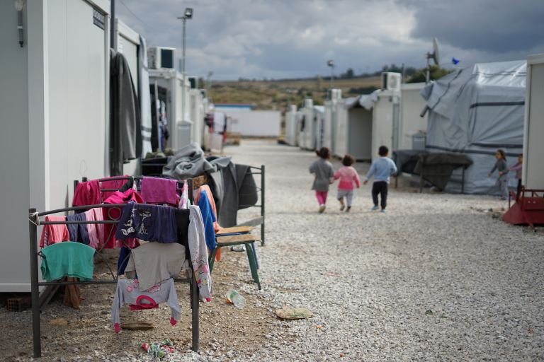 Refugee children in refugee camp near Athens.