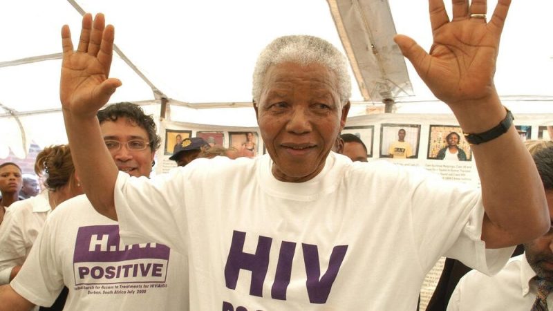 Nelson Mandela wearing HIV Positive T-Shirt - in article on life-saving medications for Africans and IP Reform