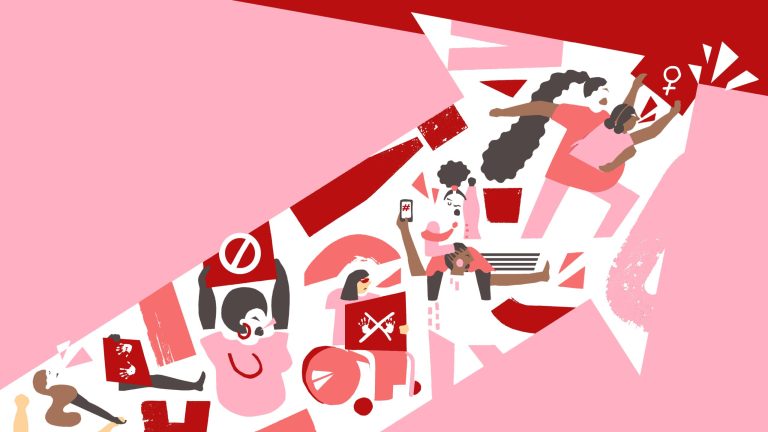 An illustration of women building positive movements of change for gender equality.