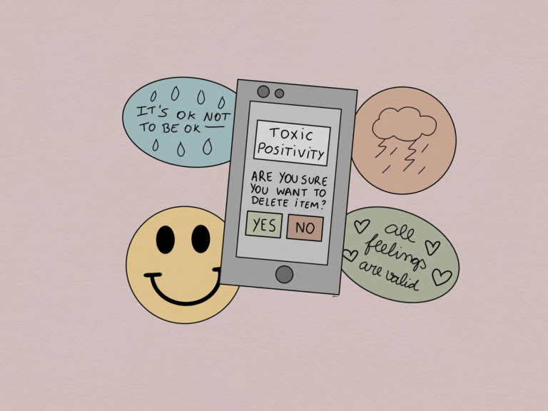 Illustration of phone with the words Toxic Positivity