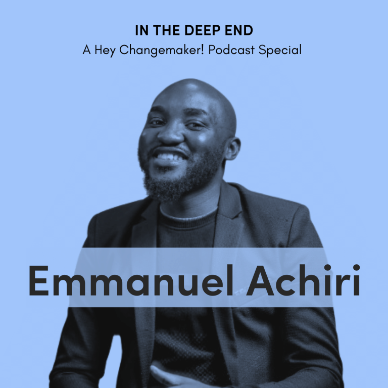 Cover photo for the podcast. A blue background with a black and blue photo of Emmanuel Achiri and his name written in bold letters.