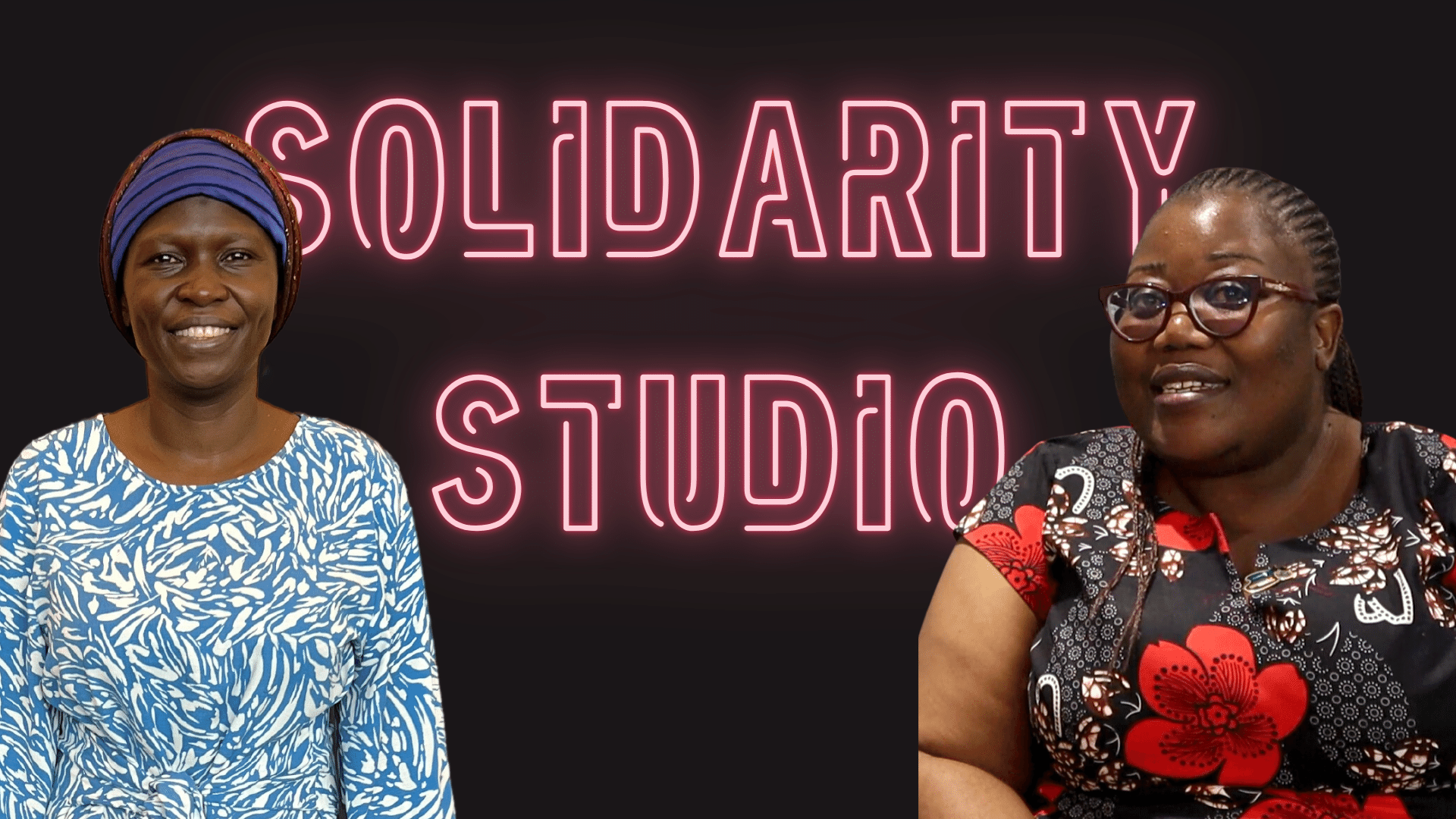 Profile photos of Habiba and Bwalya in front of a black background and the pink neon words SOLIDARITY STUDIO.